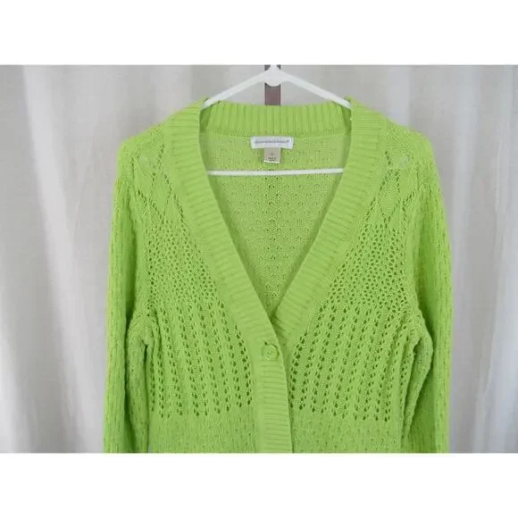 Christopher & Banks XL Chartreuse Open Knit Crochet One Button Cardigan Sweater - Picture 2 of 10